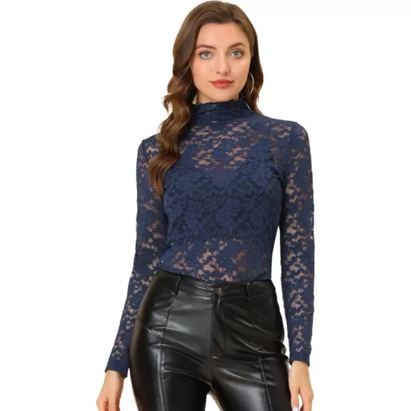 Allegra K Women's See Through Long Sleeve Turtleneck Sheer Floral Lace Blouse Top