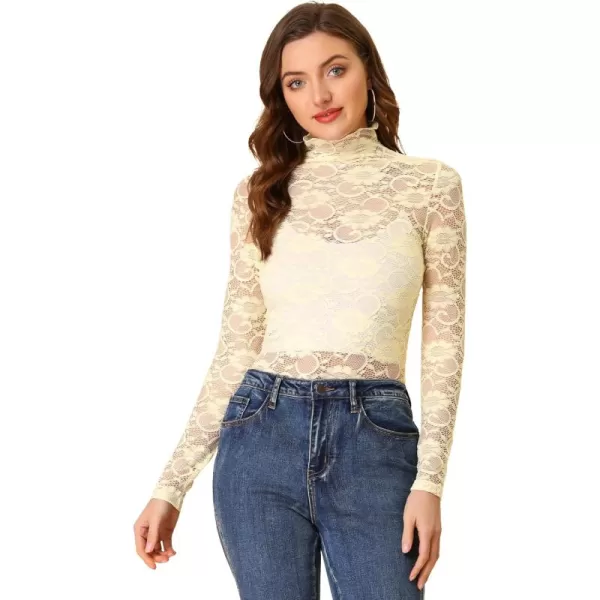 Allegra K Women's See Through Long Sleeve Turtleneck Sheer Floral Lace Blouse Top