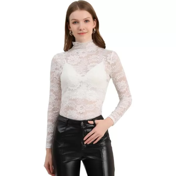 Allegra K Women's See Through Long Sleeve Turtleneck Sheer Floral Lace Blouse Top