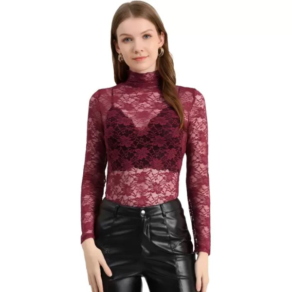 Allegra K Women's See Through Long Sleeve Turtleneck Sheer Floral Lace Blouse Top