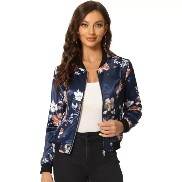 Allegra K Women's Stand Collar Zip Up Floral Print Bomber Jacket