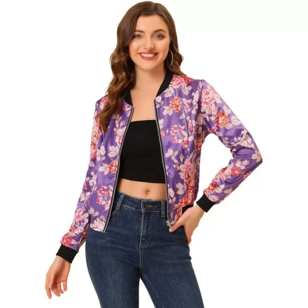 Allegra K Women's Stand Collar Zip Up Floral Print Bomber Jacket