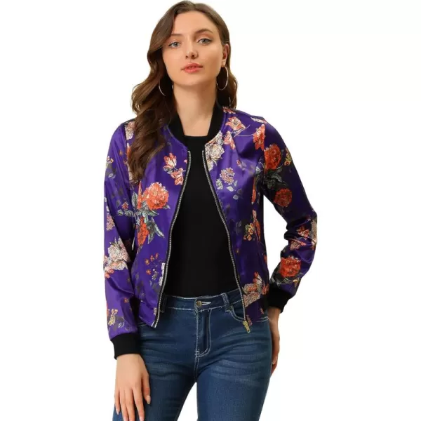 Allegra K Women's Stand Collar Zip Up Floral Print Bomber Jacket