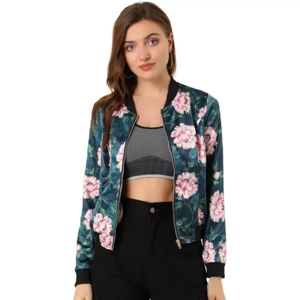 Allegra K Women's Stand Collar Zip Up Floral Print Bomber Jacket