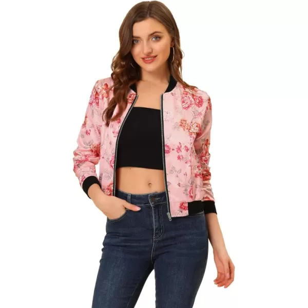 Allegra K Women's Stand Collar Zip Up Floral Print Bomber Jacket