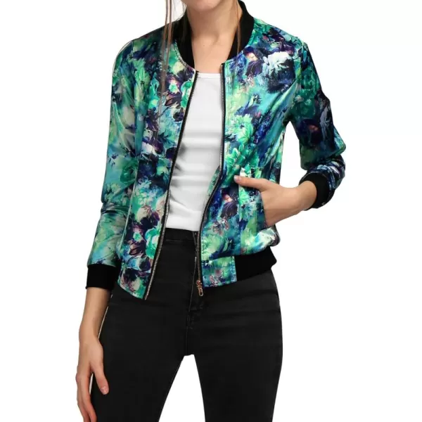 Allegra K Women's Stand Collar Zip Up Floral Print Bomber Jacket