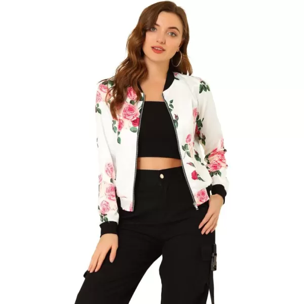 Allegra K Women's Stand Collar Zip Up Floral Print Bomber Jacket