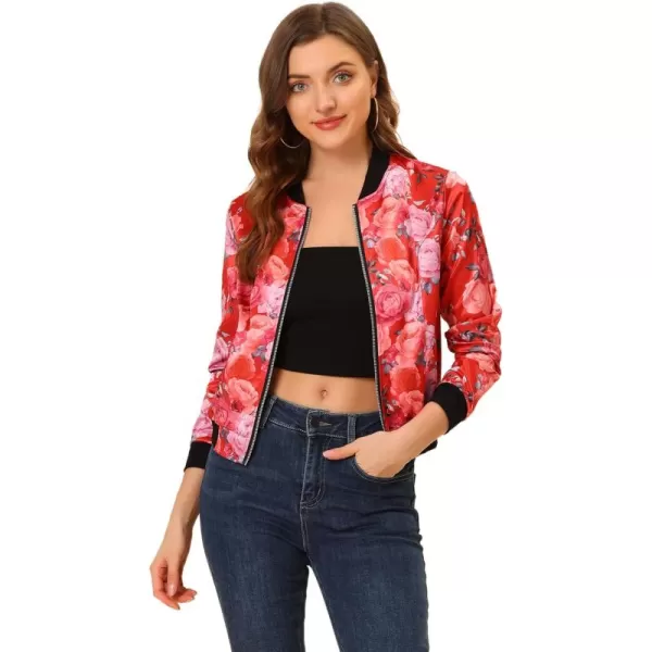 Allegra K Women's Stand Collar Zip Up Floral Print Bomber Jacket