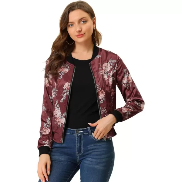 Allegra K Women's Stand Collar Zip Up Floral Print Bomber Jacket