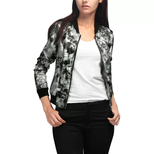 Allegra K Women's Stand Collar Zip Up Floral Print Bomber Jacket