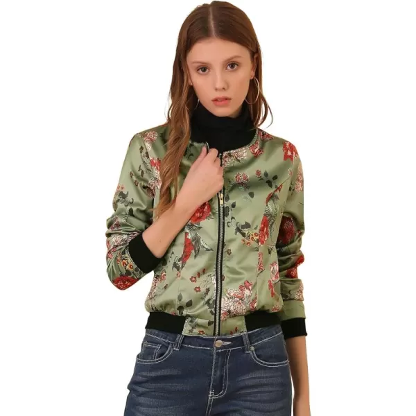 Allegra K Women's Stand Collar Zip Up Floral Print Bomber Jacket