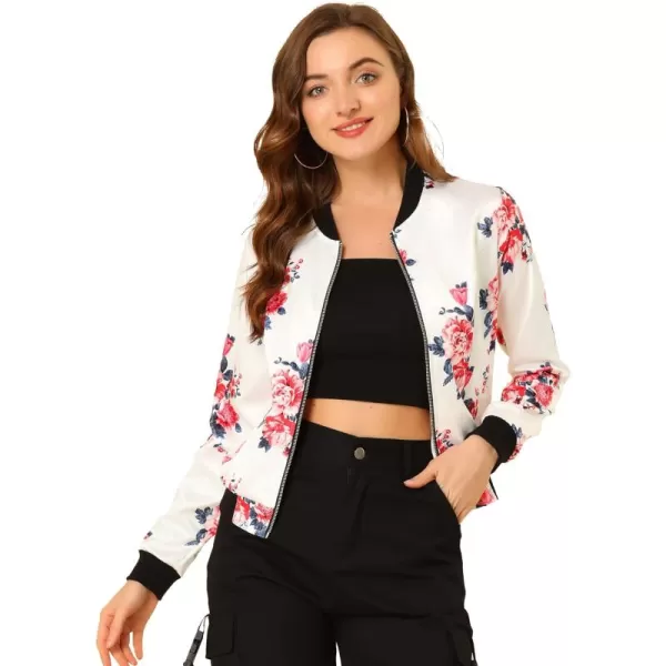 Allegra K Women's Stand Collar Zip Up Floral Print Bomber Jacket