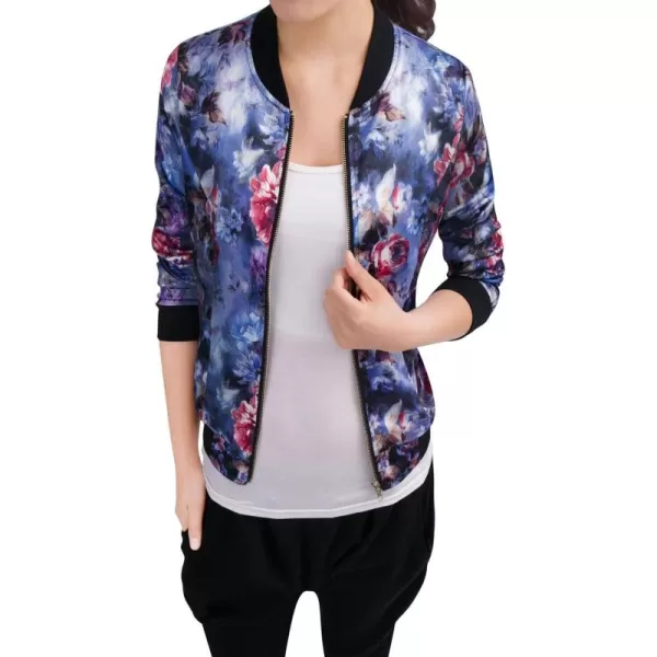 Allegra K Women's Stand Collar Zip Up Floral Print Bomber Jacket