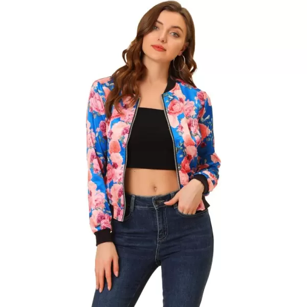 Allegra K Women's Stand Collar Zip Up Floral Print Bomber Jacket