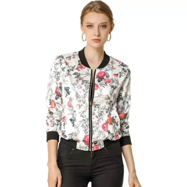 Allegra K Women's Stand Collar Zip Up Floral Print Bomber Jacket