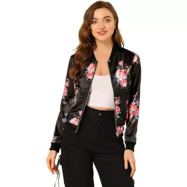 Allegra K Women's Stand Collar Zip Up Floral Print Bomber Jacket