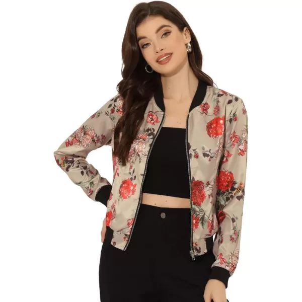 Allegra K Women's Stand Collar Zip Up Floral Print Bomber Jacket