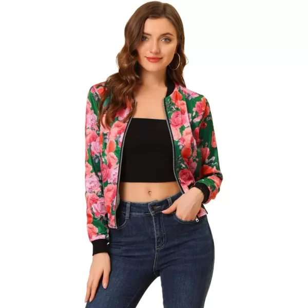 Allegra K Women's Stand Collar Zip Up Floral Print Bomber Jacket