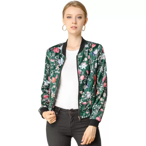 Allegra K Women's Stand Collar Zip Up Floral Print Bomber Jacket