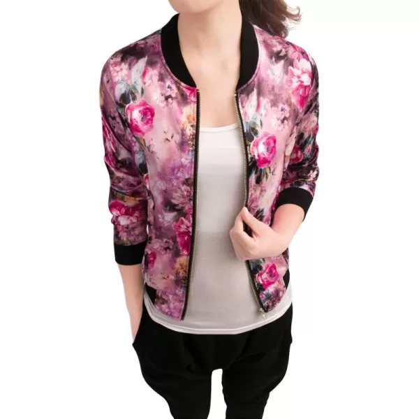 Allegra K Women's Stand Collar Zip Up Floral Print Bomber Jacket