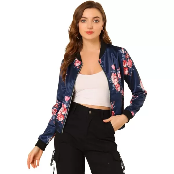 Allegra K Women's Stand Collar Zip Up Floral Print Bomber Jacket