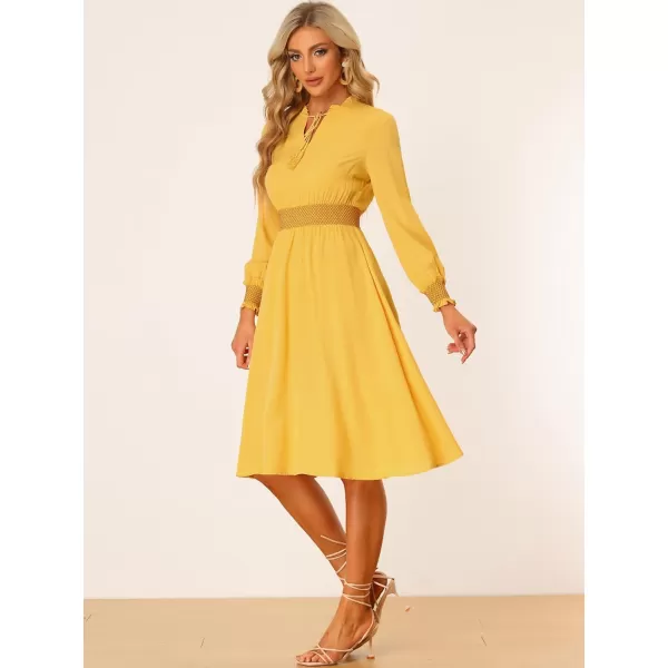 Allegra K Boho Dress for Women's Ruffle Neck Smocked Waist Long Sleeve Midi Dress