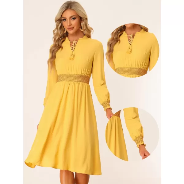 Allegra K Boho Dress for Women's Ruffle Neck Smocked Waist Long Sleeve Midi Dress