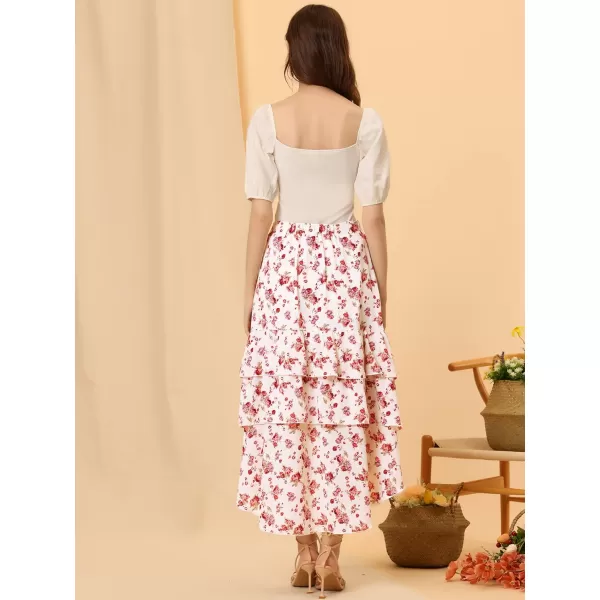 Allegra K Floral Maxi Skirts for Women's Elastic Waist Layered Ruffle High Low Hem Long Skirt