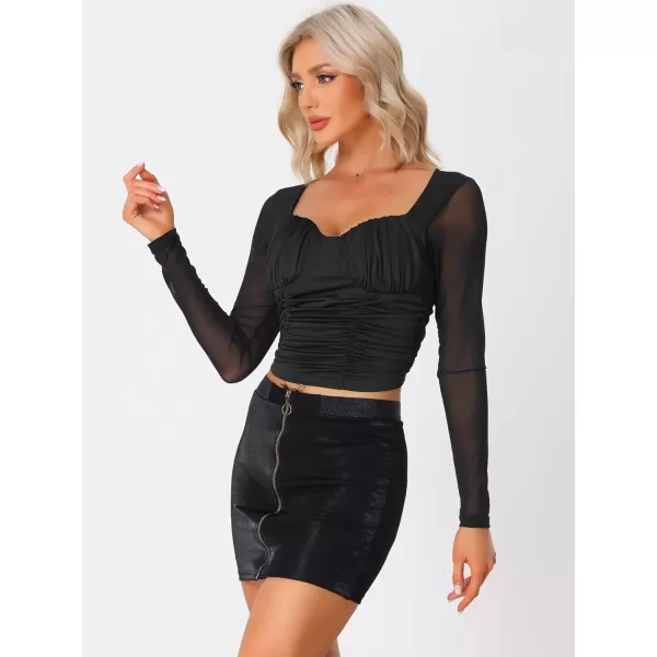 Allegra K Long Sleeve Mesh Tops for Women's Sweetheart Neck 2023 Fall Trendy Ruched Blouse with Padded Bust
