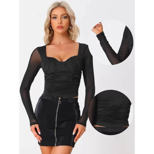 Allegra K Long Sleeve Mesh Tops for Women's Sweetheart Neck 2023 Fall Trendy Ruched Blouse with Padded Bust