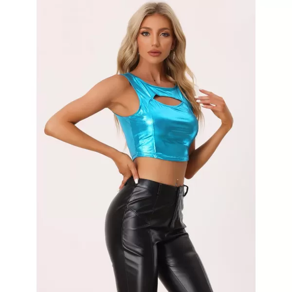 Allegra K Metallic Crop Top for Women's Shiny Sleeveless Cut Out Party Clubwear Holographic Tank Tops