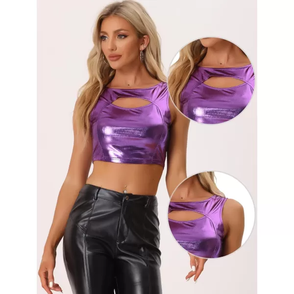 Allegra K Metallic Crop Top for Women's Shiny Sleeveless Cut Out Party Clubwear Holographic Tank Tops