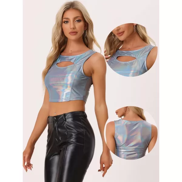 Allegra K Metallic Crop Top for Women's Shiny Sleeveless Cut Out Party Clubwear Holographic Tank Tops