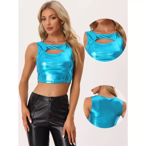 Allegra K Metallic Crop Top for Women's Shiny Sleeveless Cut Out Party Clubwear Holographic Tank Tops