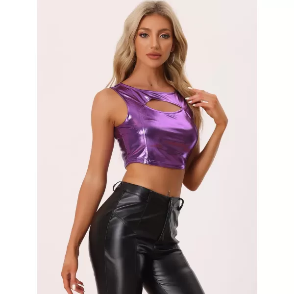 Allegra K Metallic Crop Top for Women's Shiny Sleeveless Cut Out Party Clubwear Holographic Tank Tops