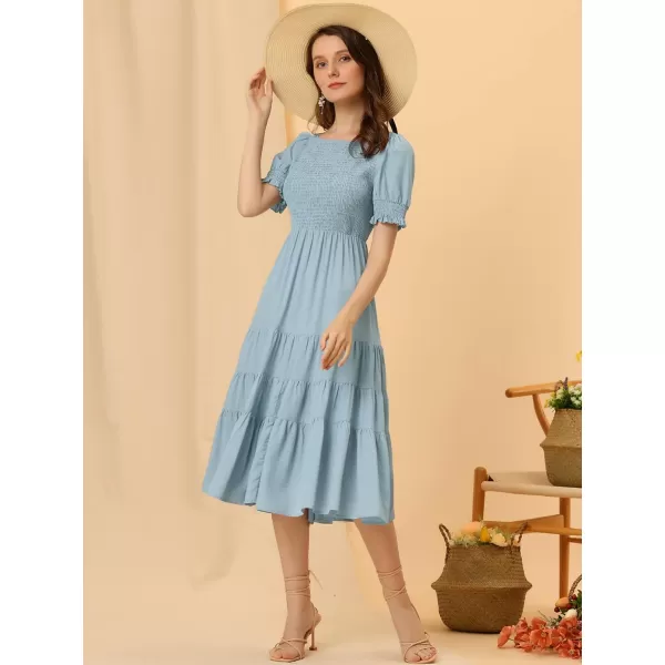 Allegra K Peasant Smocked Dress for Women's Short Sleeve Midi Summer Casual Tiered A-Line Dress