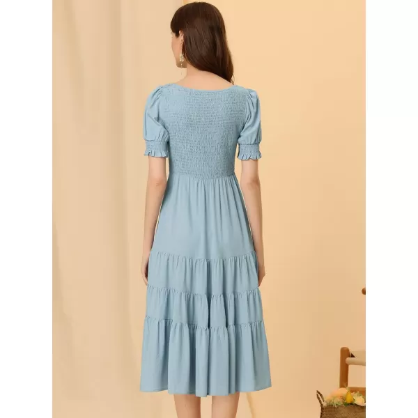 Allegra K Peasant Smocked Dress for Women's Short Sleeve Midi Summer Casual Tiered A-Line Dress