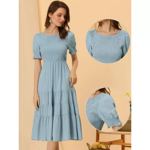 Allegra K Peasant Smocked Dress for Women's Short Sleeve Midi Summer Casual Tiered A-Line Dress