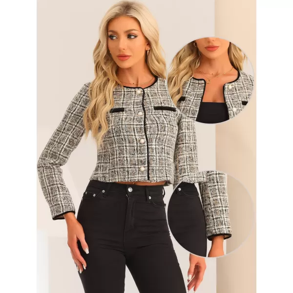 Allegra K Tweed Jacket for Women's Long Sleeve Casual Work Office Plaid Short Outwear