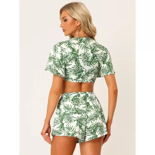 Allegra K Women's Boho 2 Piece Tropical Outfits Summer Beach Short Sleeve Knot Front Bandeau Crop Top with Shorts Set