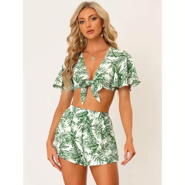 Allegra K Women's Boho 2 Piece Tropical Outfits Summer Beach Short Sleeve Knot Front Bandeau Crop Top with Shorts Set