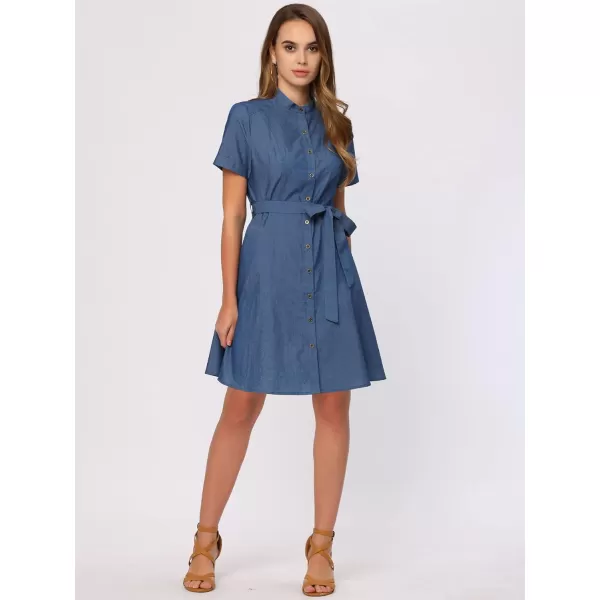 Allegra K Women's Button Down Short Sleeve Denim Chambray Shirt Dress