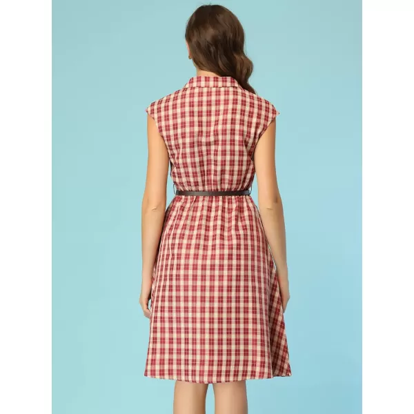 Allegra K Women's Button Front Retro Cap Sleeve Belted Plaid Dresses