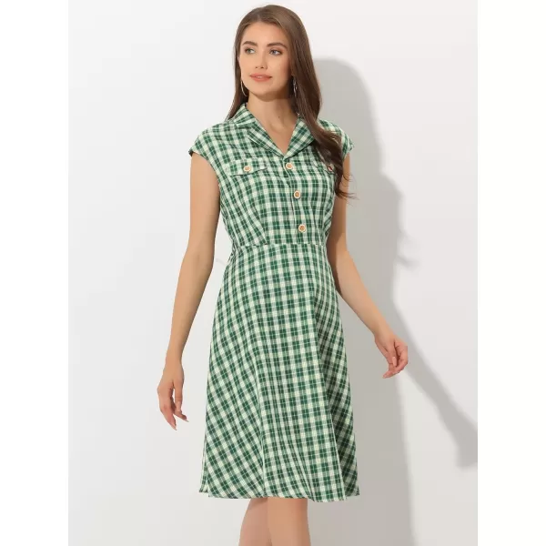 Allegra K Women's Button Front Retro Cap Sleeve Belted Plaid Dresses