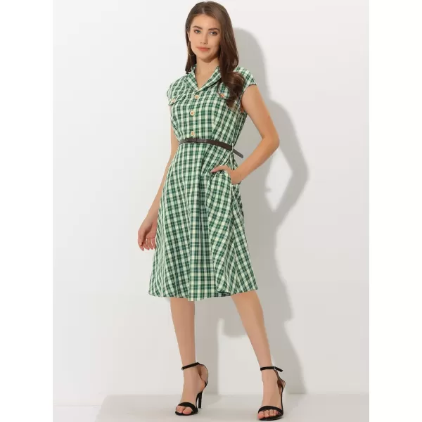 Allegra K Women's Button Front Retro Cap Sleeve Belted Plaid Dresses