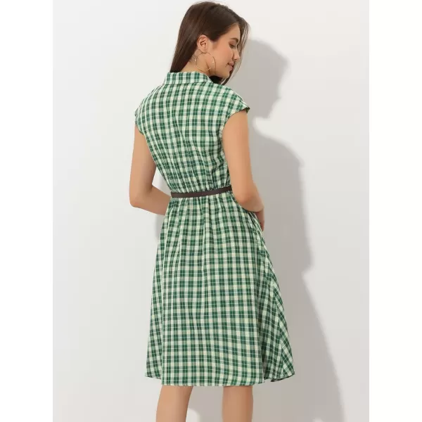 Allegra K Women's Button Front Retro Cap Sleeve Belted Plaid Dresses