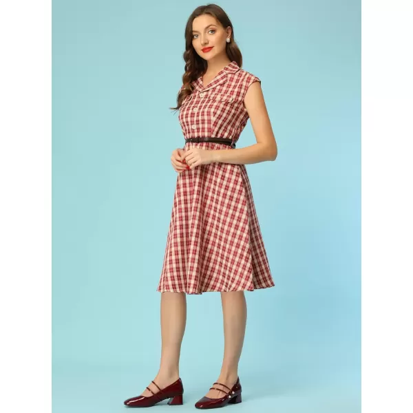 Allegra K Women's Button Front Retro Cap Sleeve Belted Plaid Dresses