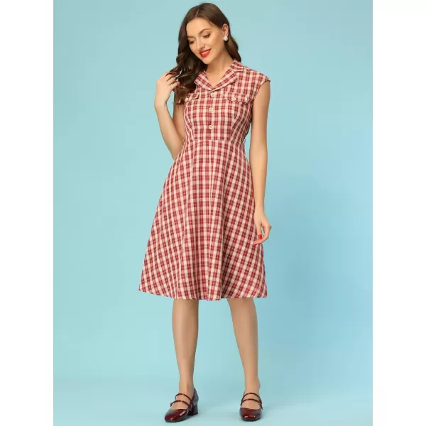 Allegra K Women's Button Front Retro Cap Sleeve Belted Plaid Dresses