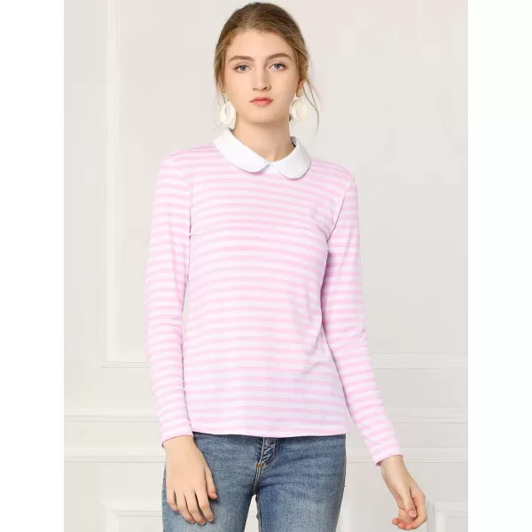 Allegra K Women's Contrast Collar Long Sleeves Peter Pan Collar Striped Blouse Top