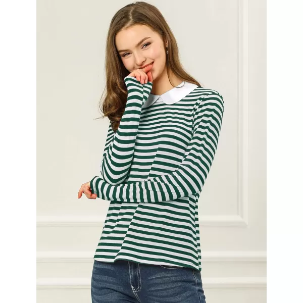 Allegra K Women's Contrast Collar Long Sleeves Peter Pan Collar Striped Blouse Top